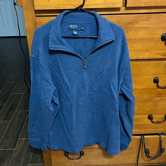 Polo Ralph Lauren Sweatshirt Men XXL Blue Pullover 1/4 Zip Brown Pony Soft - Picture 1 of 3